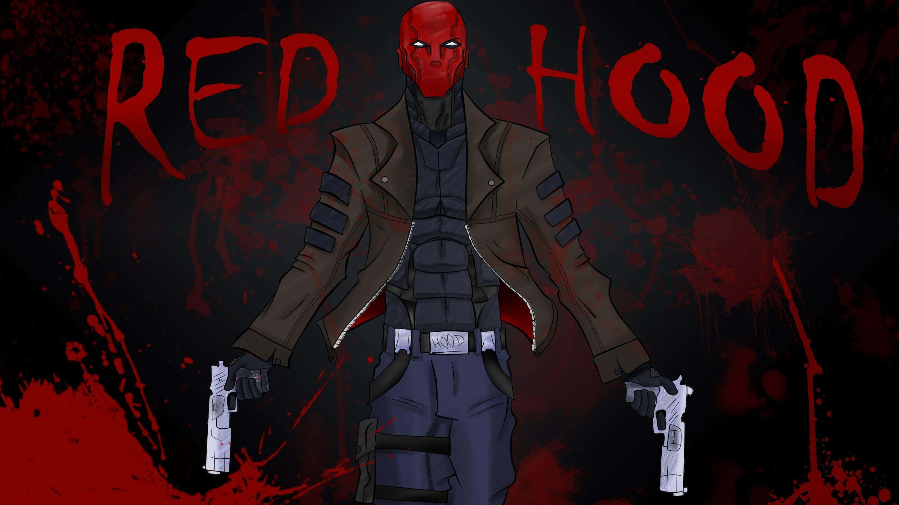 Red Hood 桌布 壁紙 — Red Hood 在黑暗背景中帶有血跡和紅色塗鴉名字，威嚇地站立。