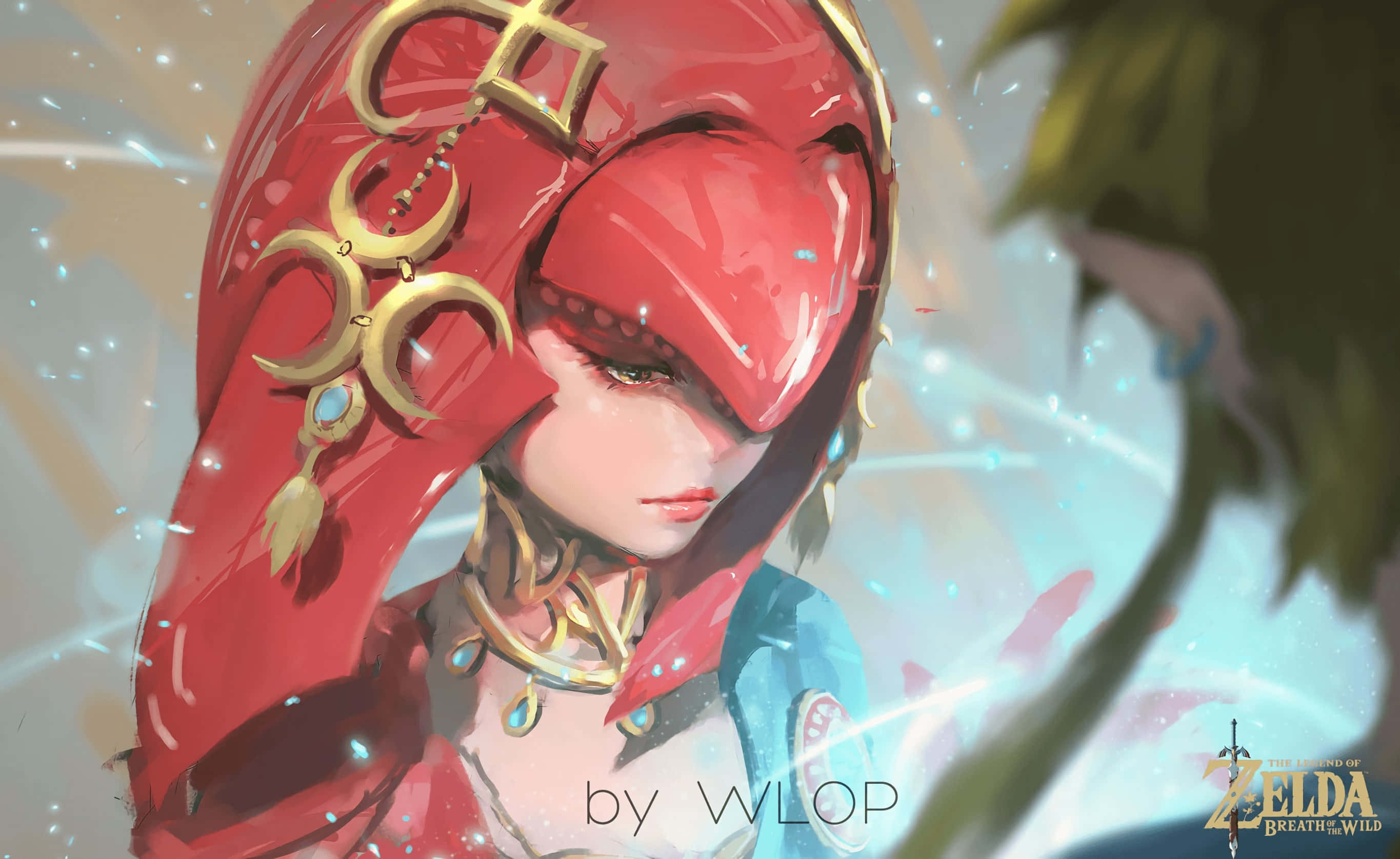 The Legend Of Zelda Mipha 桌布 壁紙 — 一個戴著紅色兜帽、飾有金色新月裝飾的薩爾達角色，在發光的魔法背景下溫柔地凝視。