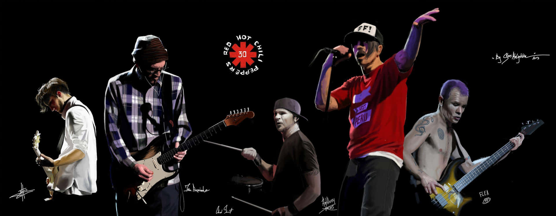 Red Hot Chili Peppers 樂隊成員現場表演，手持樂器和舞台簽名。