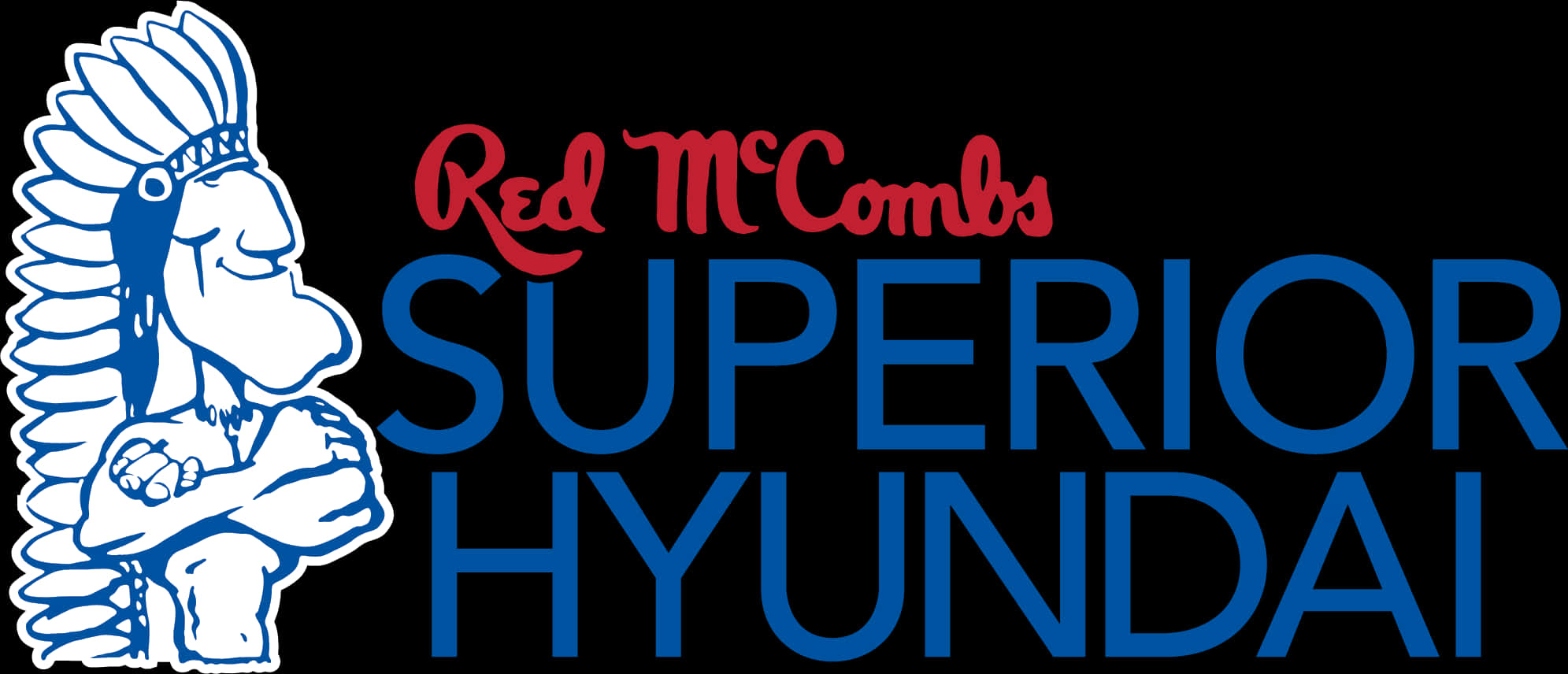 Red McCombs 超級現代汽車標誌 壁紙 — 一個大膽的標誌，藍色卡通美洲原住民吉祥物戴著羽毛頭飾，旁邊是紅色和藍色的文字，寫著 Red McCombs Superior Hyundai。