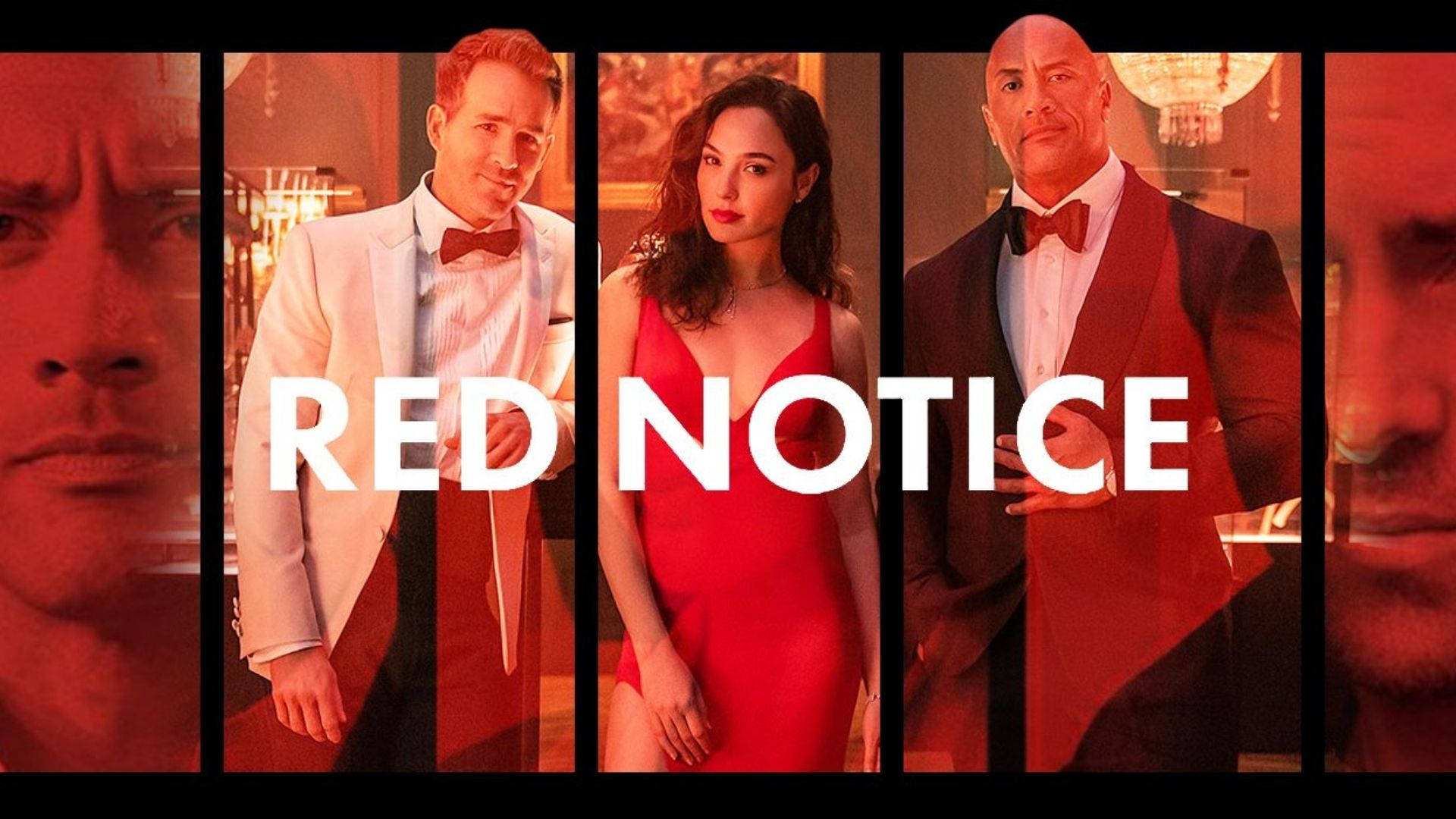 Red Notice 美學海報 壁紙 — 三位穿著正式服裝的魅力人物站在豐富的紅色背景前，標題「RED NOTICE」大膽展示。