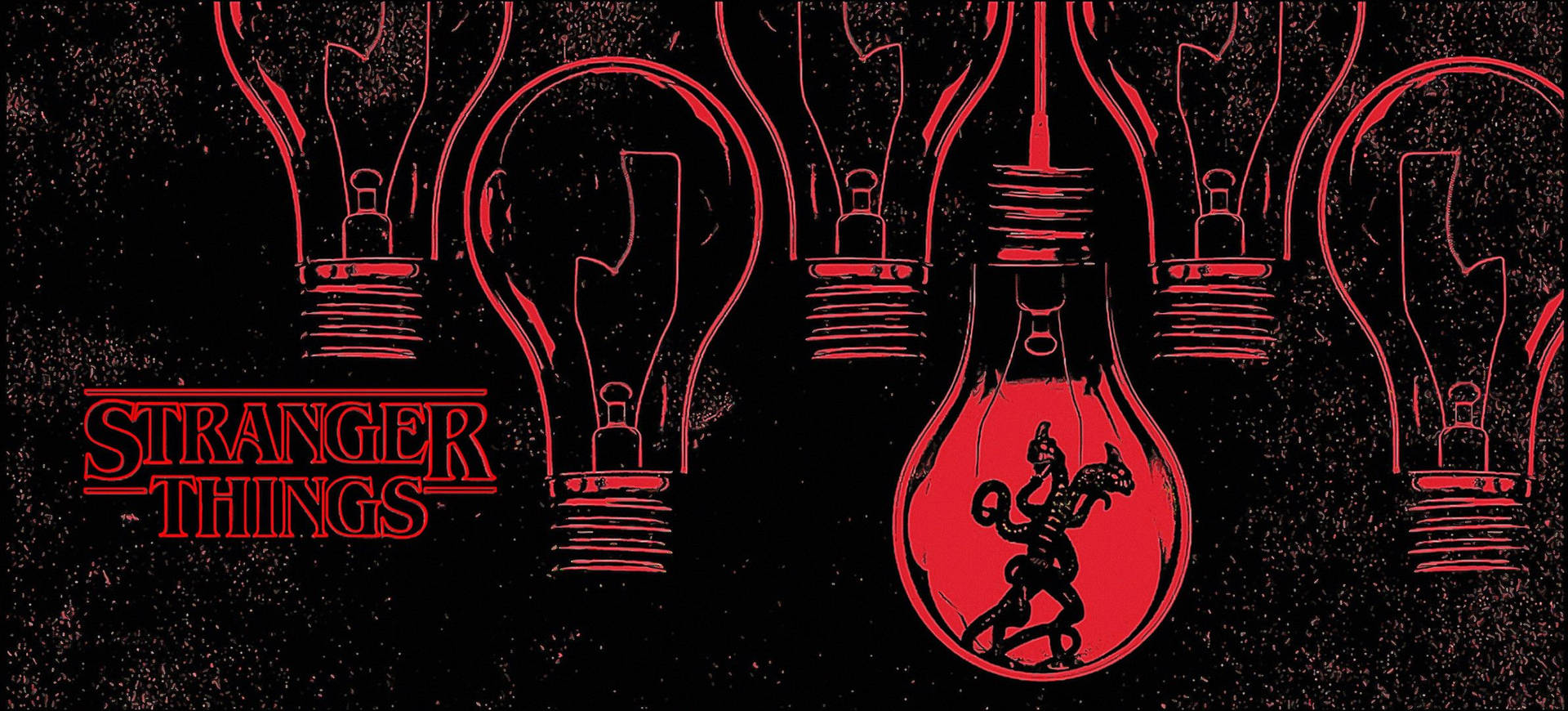 紅色燈泡，其中一個包含惡魔和Stranger Things文字。