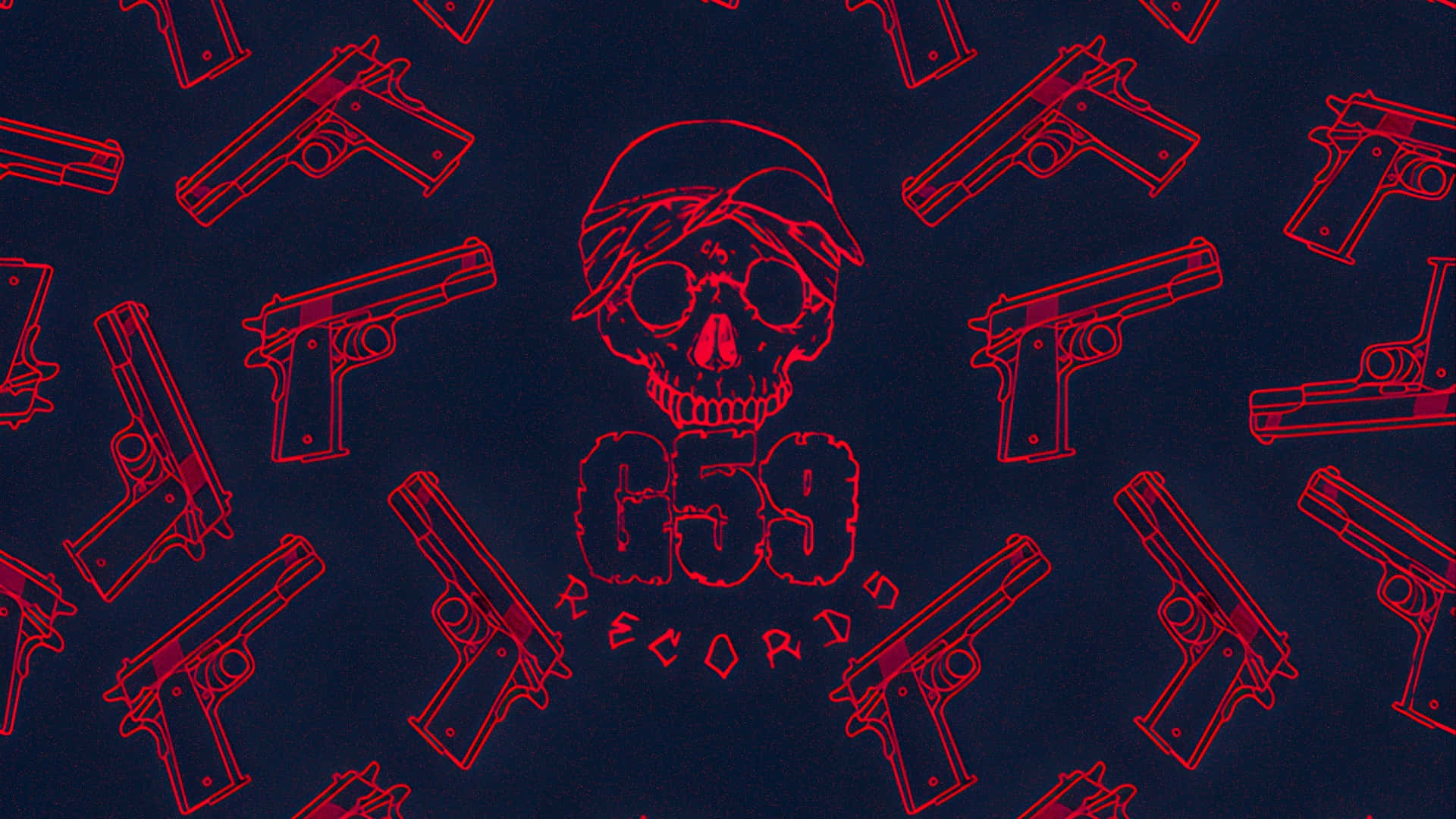  壁紙 — 紅色輪廓的骷髏頭和手槍在深藍色背景上重複，帶有 'G59 RECORDS' 文字。