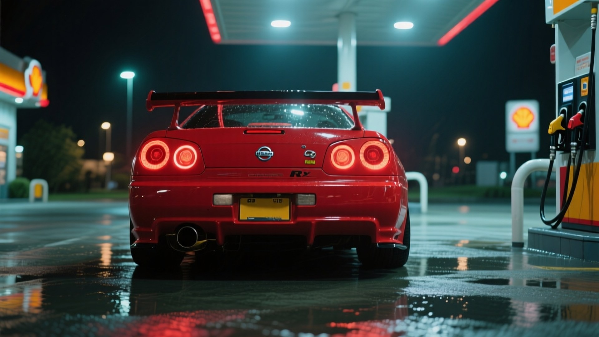 夜間殼牌加油站的紅色日產R34 GT-R，濕漉漉的路面倒影