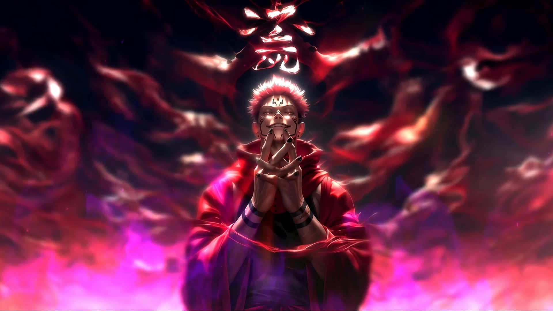  壁紙 — 一個身穿紅袍、眼睛發光、帶有火熱查克拉的動漫角色，在旋轉的深紅和紫色背景前做出封印手勢。