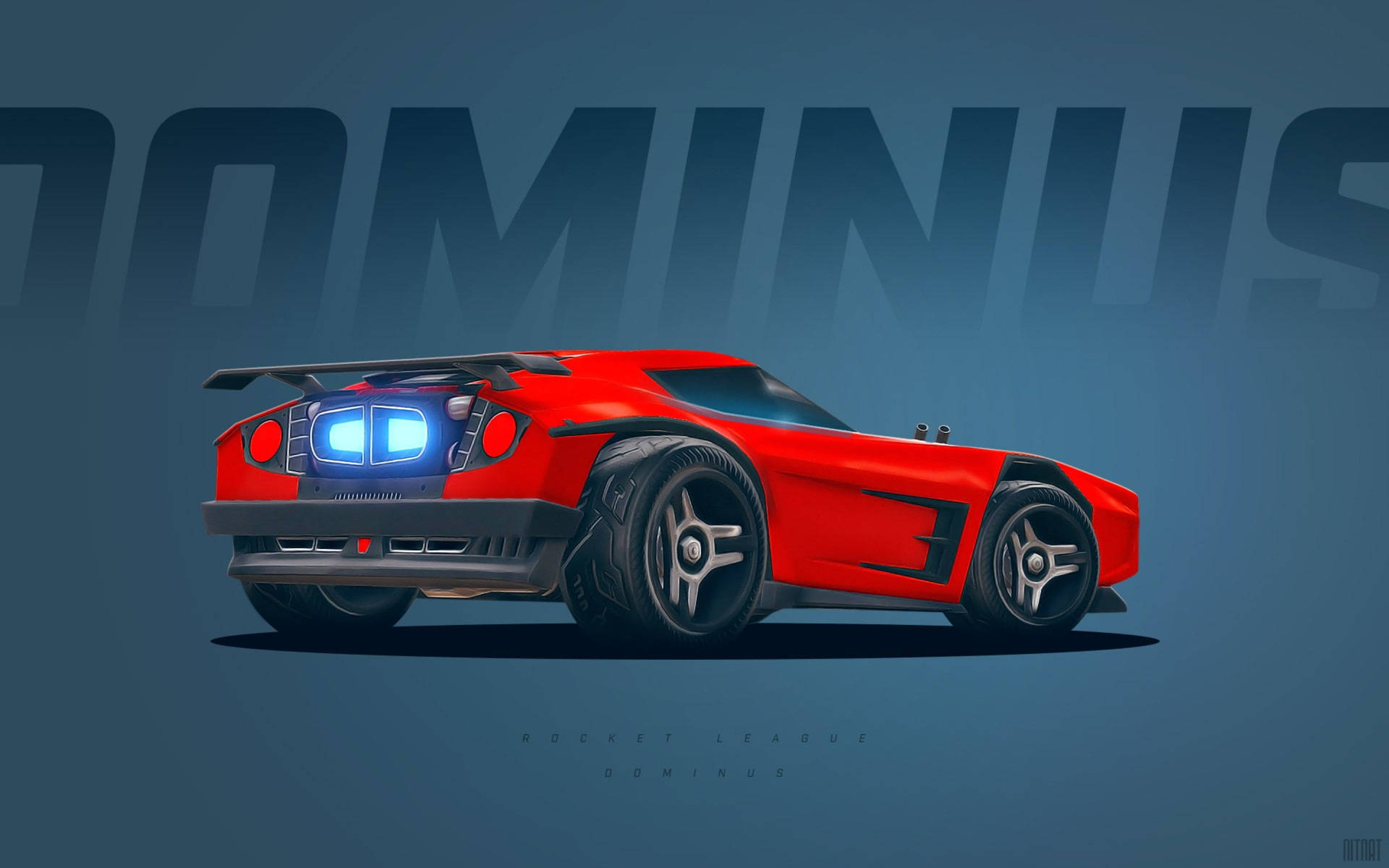 深藍色背景上帶有發光藍燈的紅色Rocket League Dominus賽車。