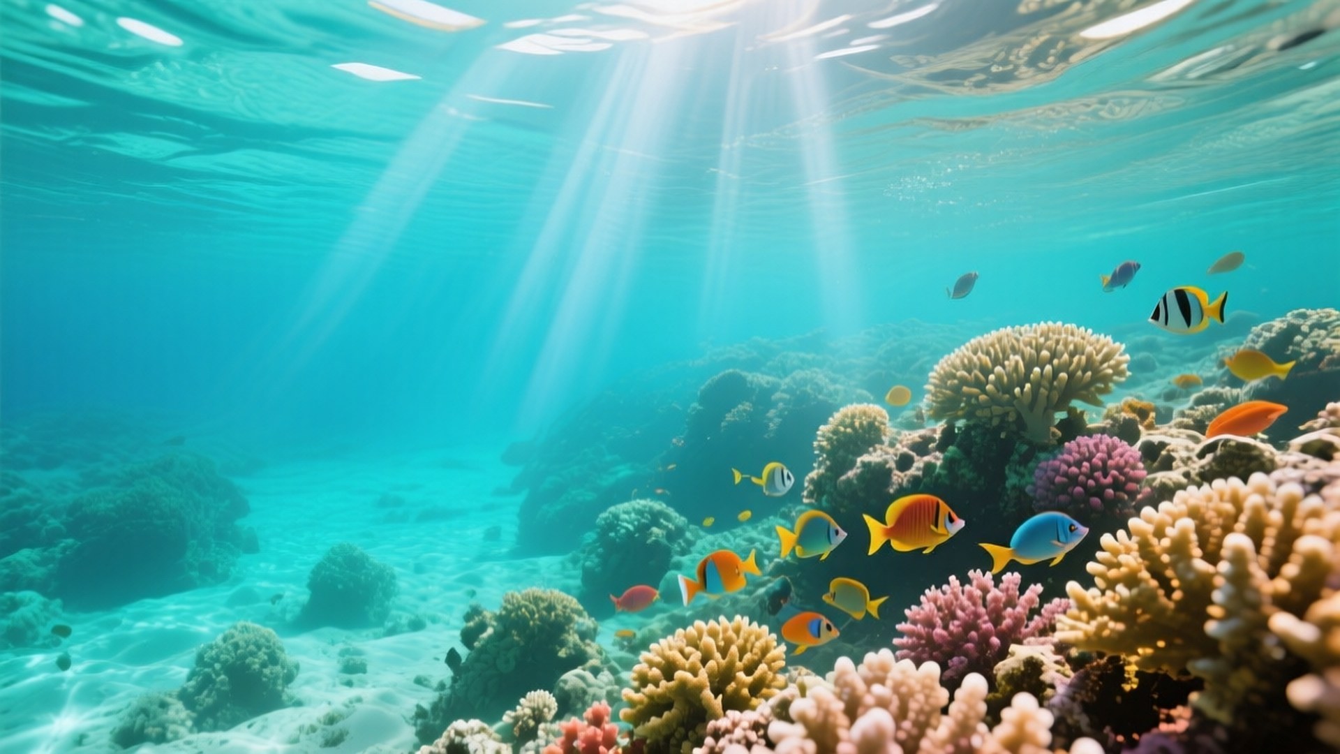 在明亮的陽光下，海洋中充滿色彩繽紛魚類的生機勃勃的珊瑚礁。