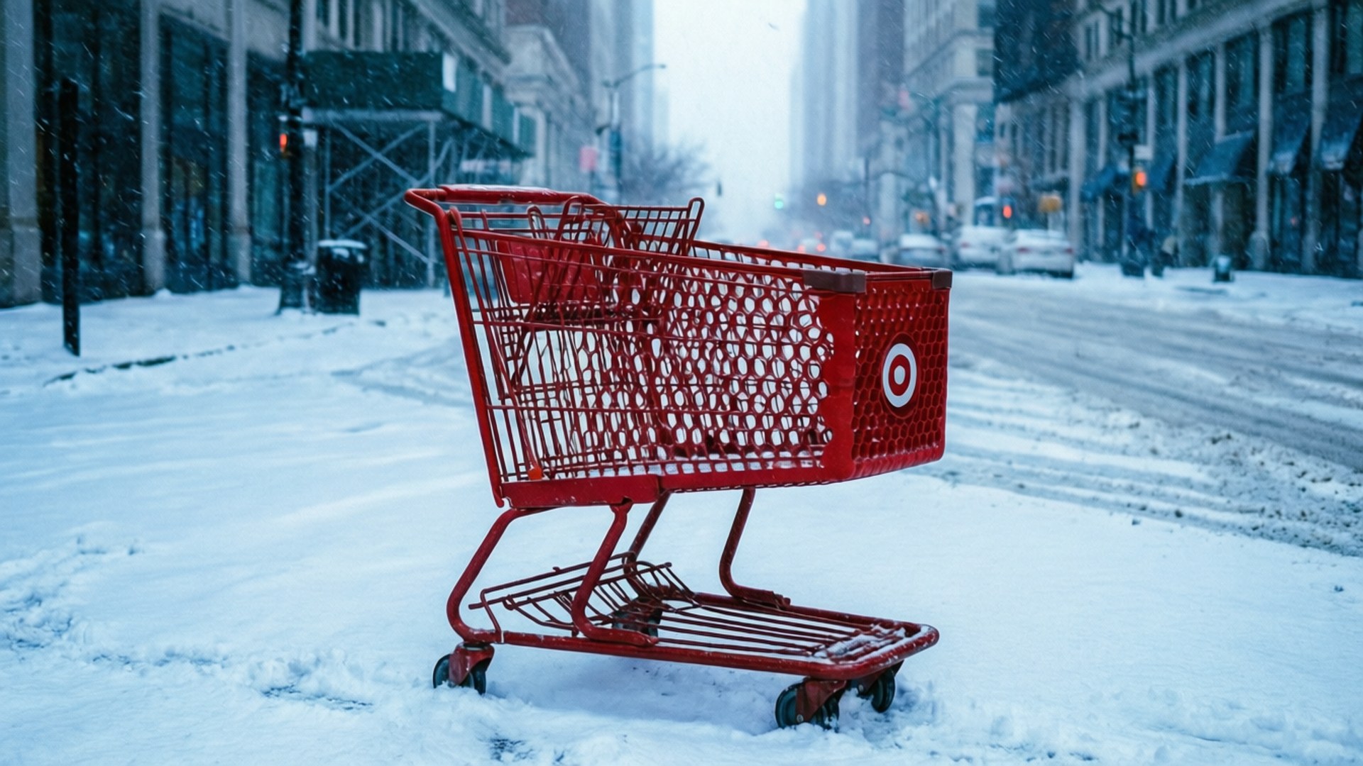 桌布 壁紙 — 一個紅色的Target購物車在冬季風暴期間被遺棄在安靜、積雪覆蓋的城市街道的深雪中。