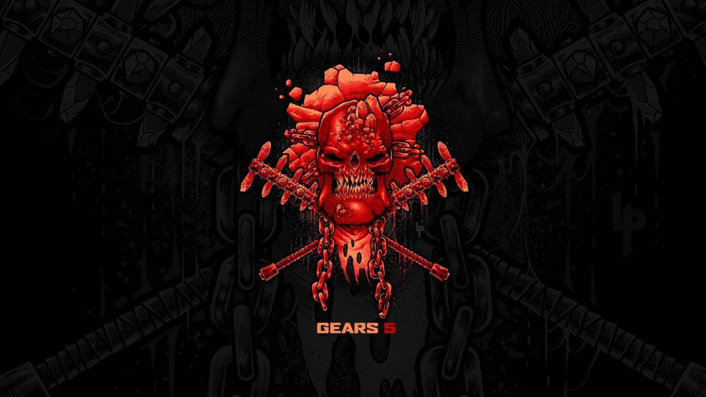 Gears 5 戰爭骷髏標誌 壁紙 — 一個鮮紅色的骷髏頭，帶有交叉的鎖鏈和錘子，從黑暗的機械背景中以粗獷的數碼藝術風格爆發出來。
