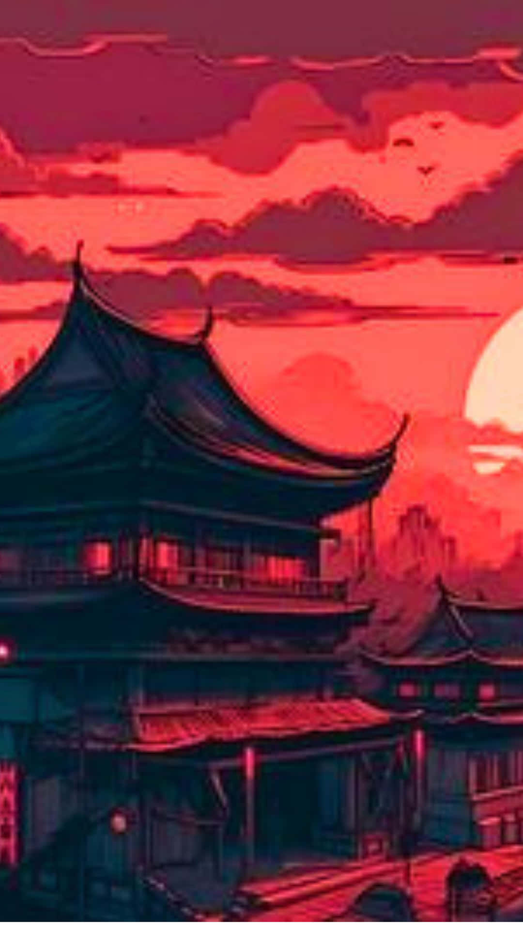 傳統亞洲寶塔在日落時分，天空泛紅，雲彩發光