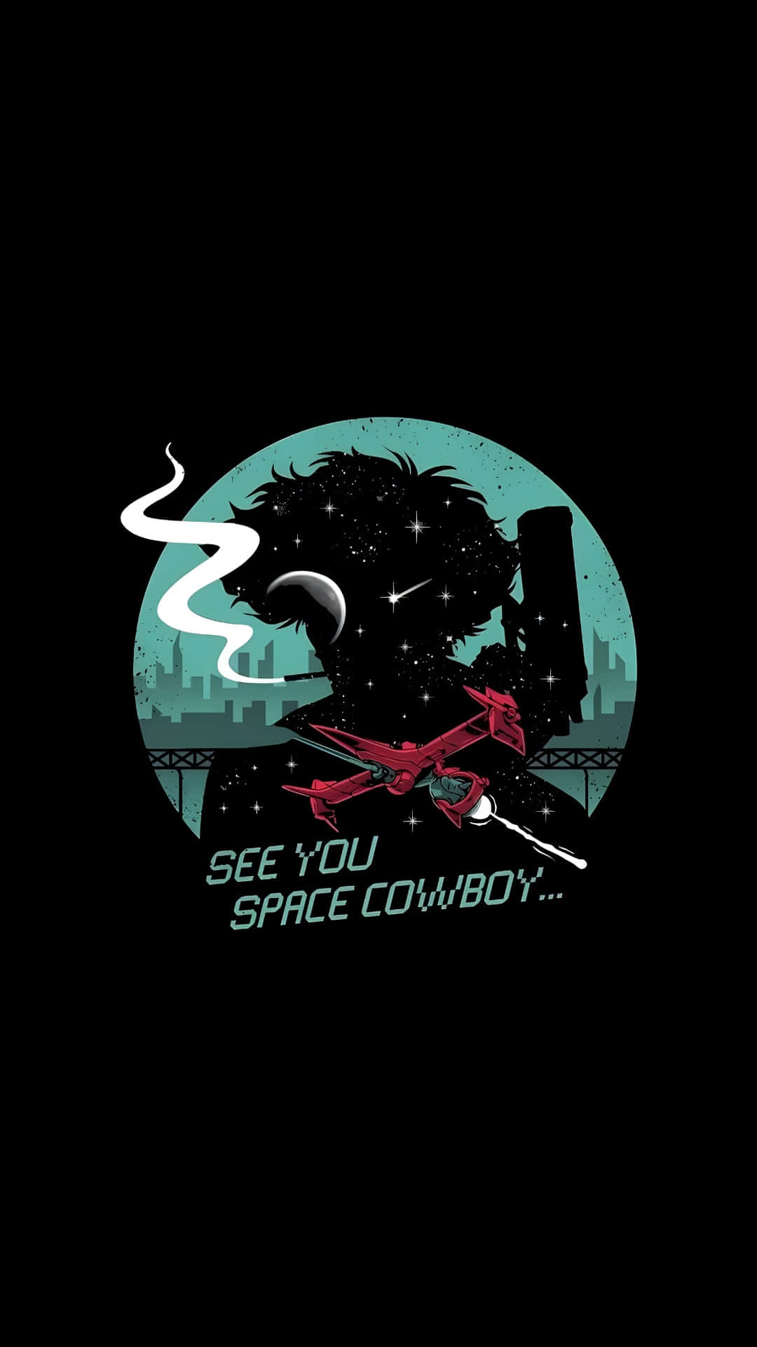  壁紙 — 一艘紅色太空船飛過一個佈滿星星的藍綠色月亮，旁邊有城市天際線剪影和一頂冒煙的牛仔帽。