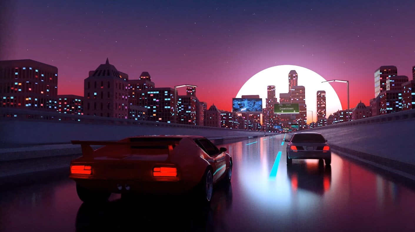  壁紙 — 一輛紅色跑車在黃昏時分行駛在潮濕的高速公路上，下方是巨大的發光月亮，上方是霓虹燈閃爍的城市景觀。