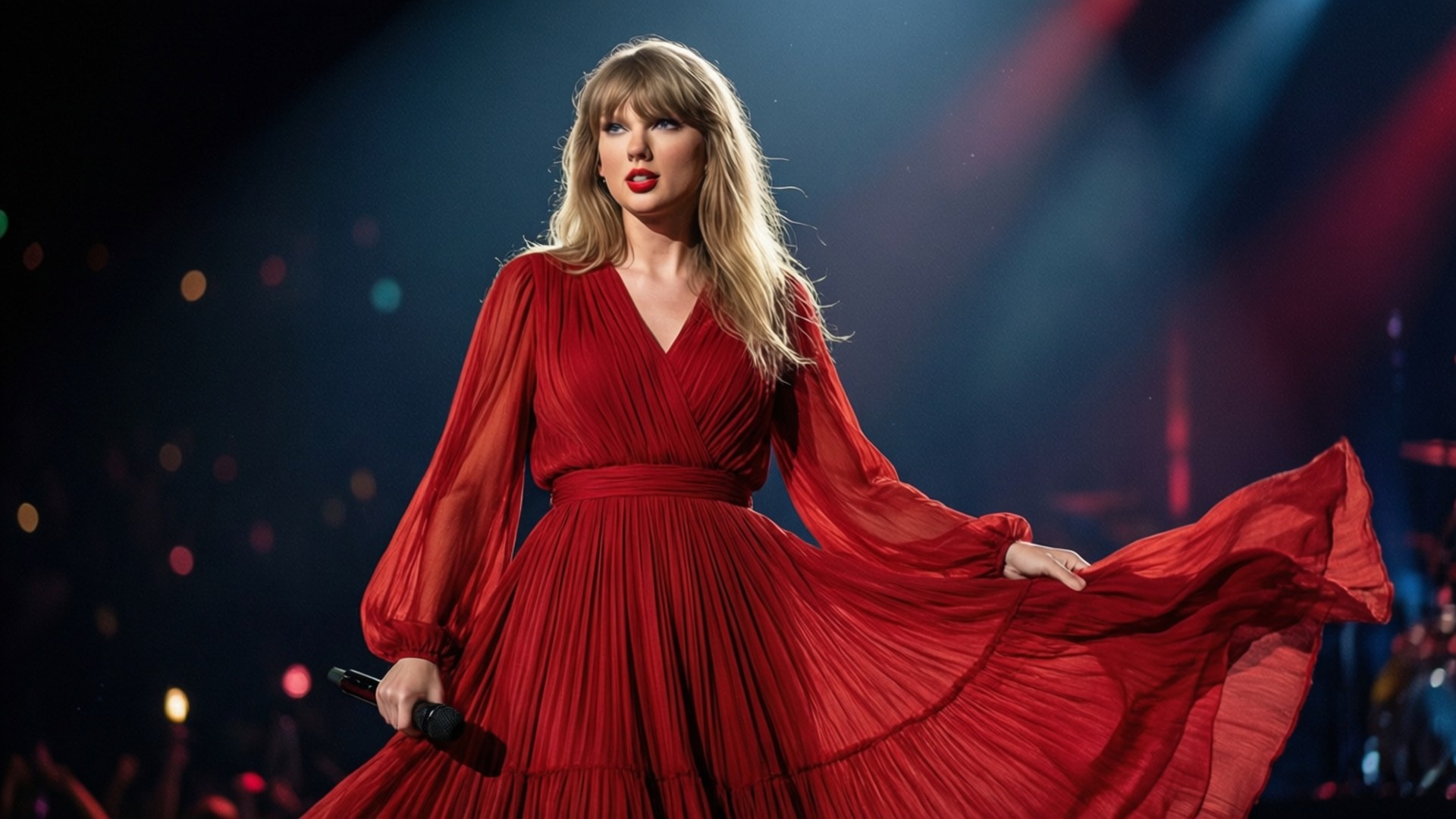 Taylor Swift singing in a red dress under stage lights with crowd in background. 壁紙