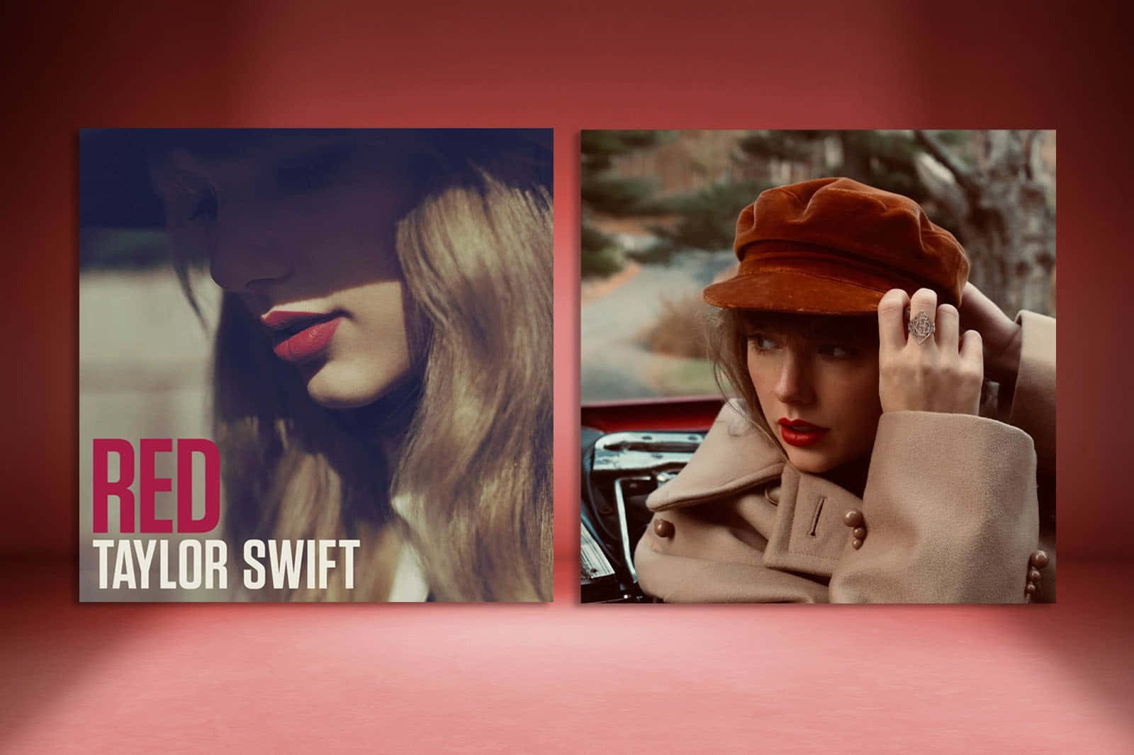 Taylor Swift 的兩幅藝術肖像，紅唇和棕色帽子，靠近汽車。