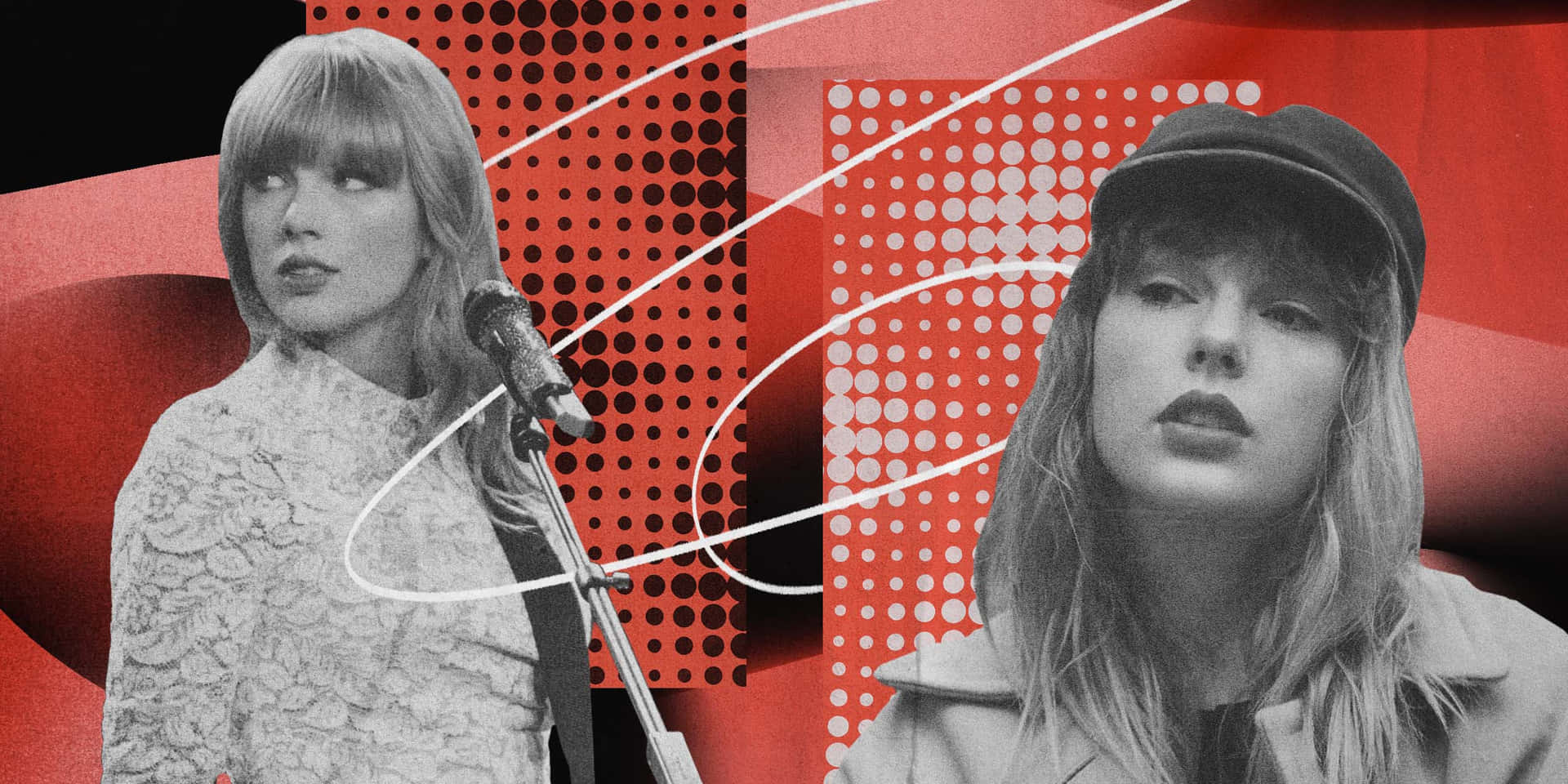 Taylor Swift 以兩種黑白姿勢呈現於紅色圖形背景前。