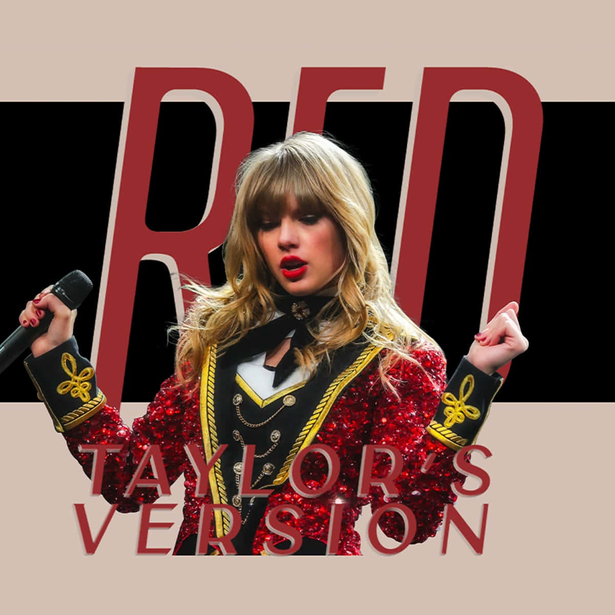 Red Taylor’s Version 新音樂 — 新穎獨特 壁紙 — Taylor Swift 身穿紅色金色飾邊亮片外套，在搶眼的紅黑 'RED' 專輯封面背景前對著咪高峰唱歌。