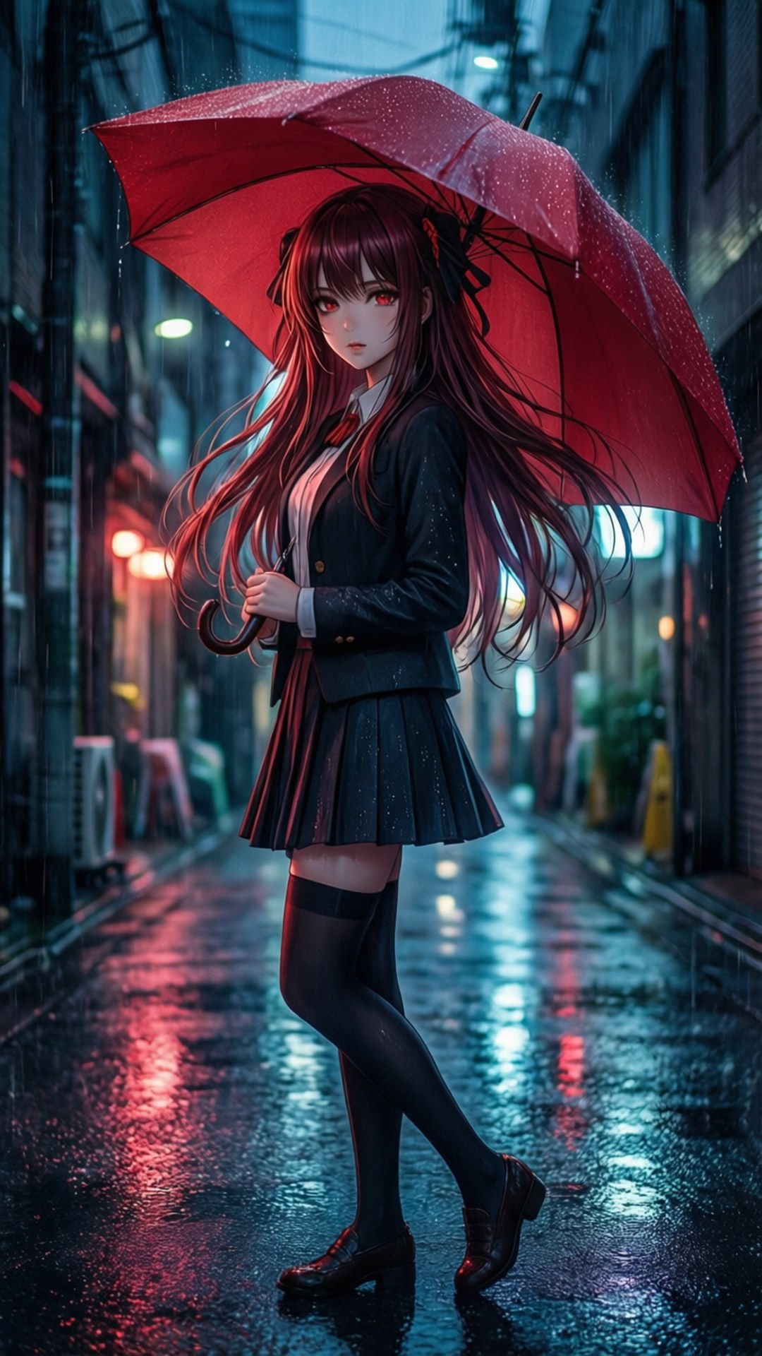 動漫女孩紅髮拿紅傘在夜晚霓虹燈雨巷行走
