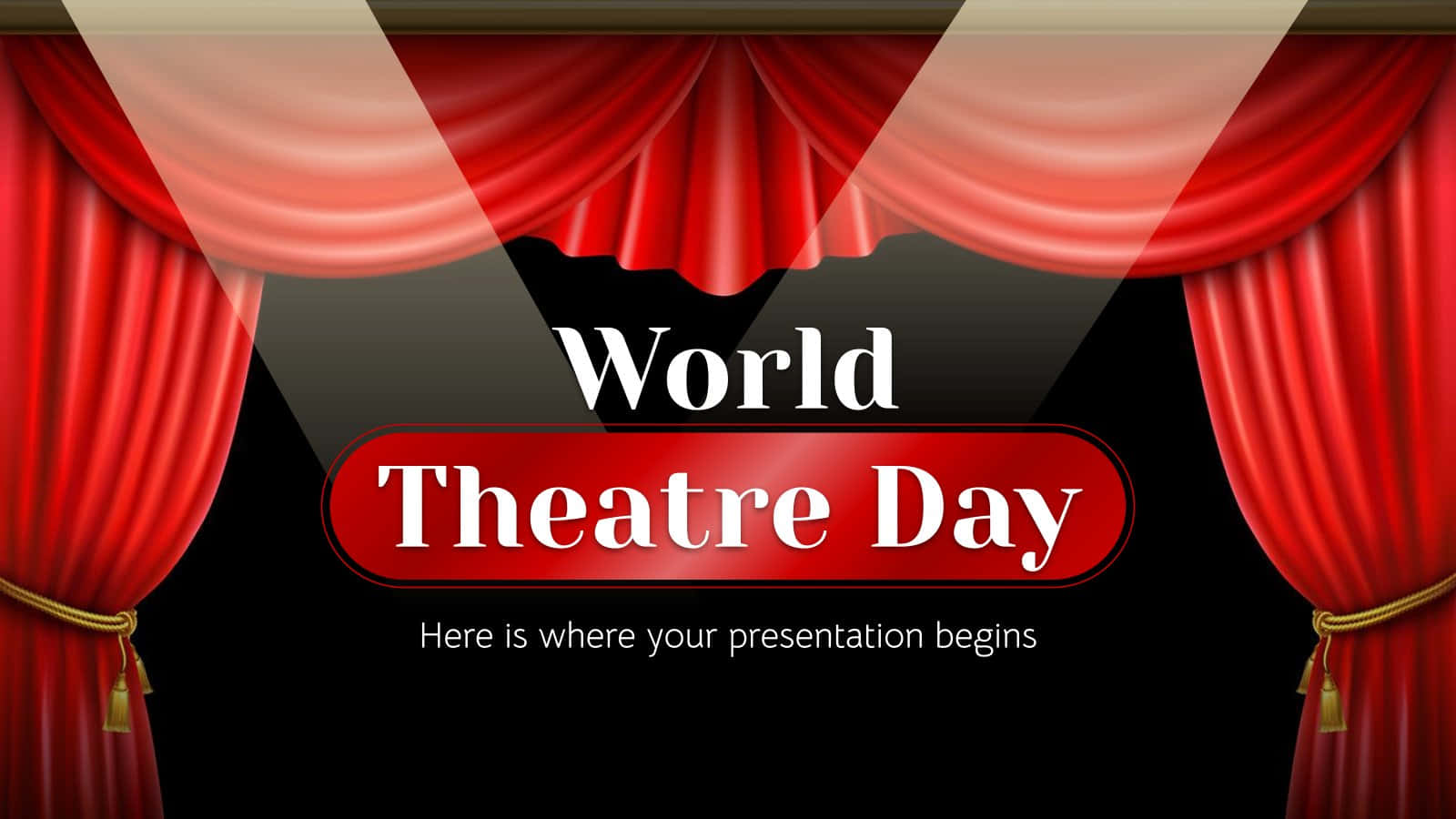 紅色天鵝絨窗簾打開，露出帶有World Theatre Day字樣的舞台。