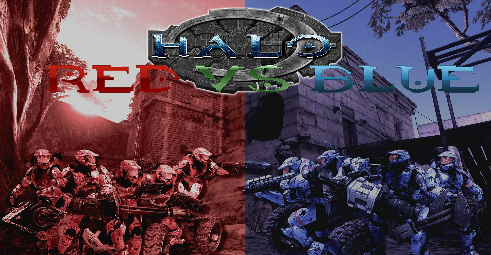 《Red vs Blue》基於《Halo》遊戲 壁紙 — 紅色和藍色裝甲士兵在分屏Halo戰鬥場景中對峙，帶有戲劇性的燈光效果。