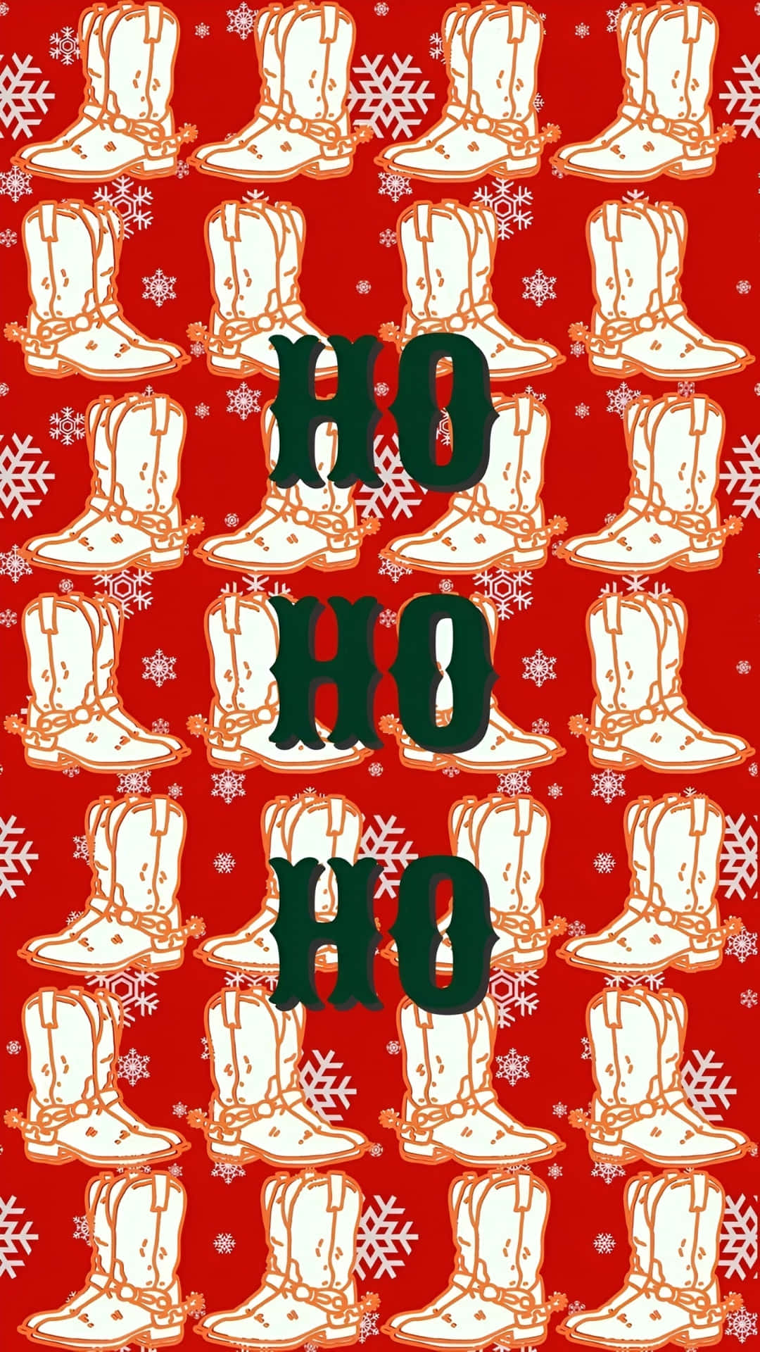  壁紙 — 紅色牆紙，重複白色牛仔靴和雪花圖案，帶有粗體綠色「ho ho ho」文字。