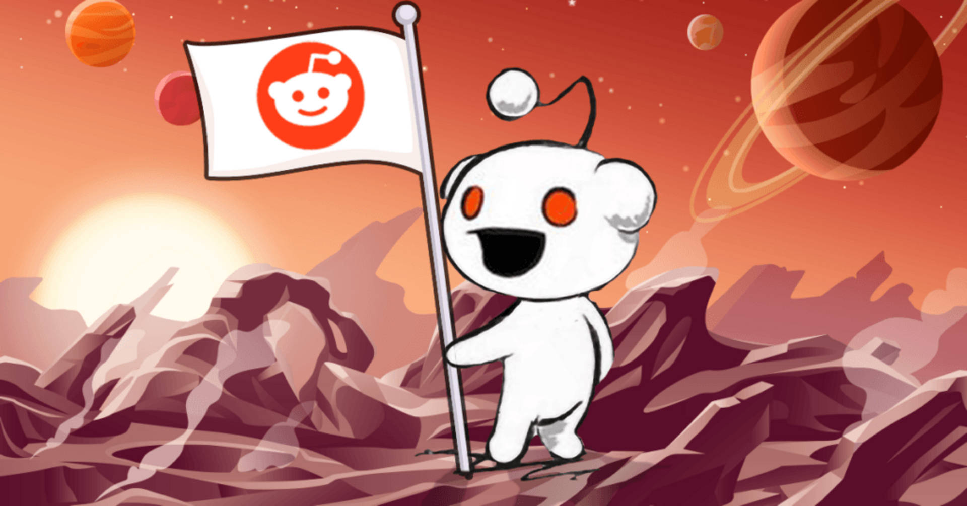 Reddit Snoo 登陸火星插旗 壁紙 — 一個開心的白色外星人吉祥物在一個岩石外星行星上插上Reddit旗幟，背景有橙色行星和發光的太陽。