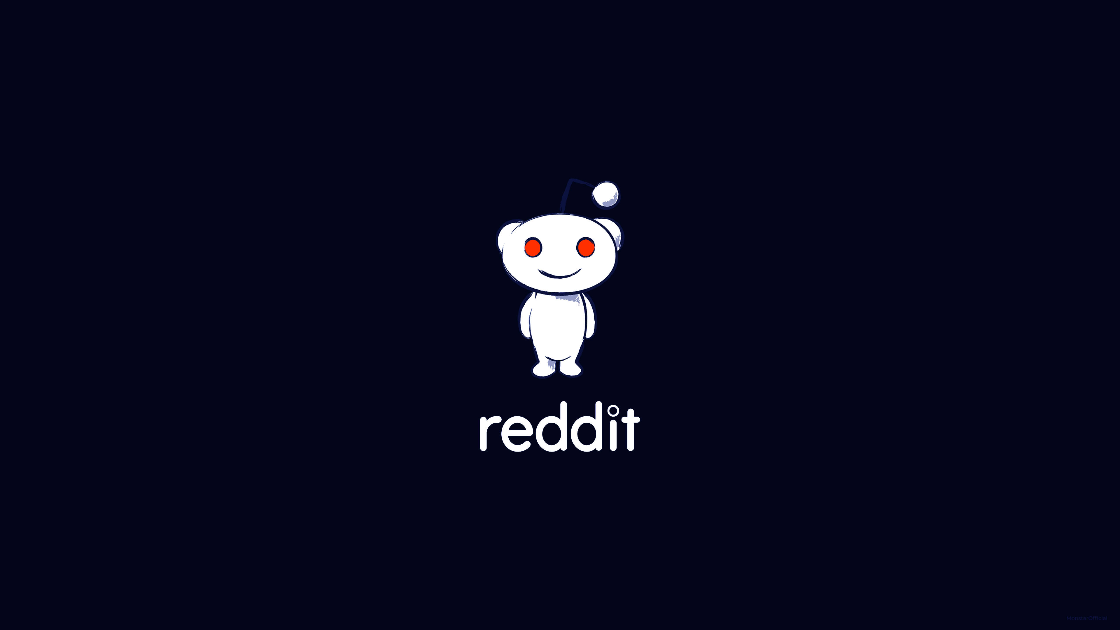 黑色極簡Reddit標誌與標題 壁紙 — 一個白色卡通外星人吉祥物，紅眼睛，戴藍色帽子，站在深海軍藍背景中央，下方有reddit字樣。