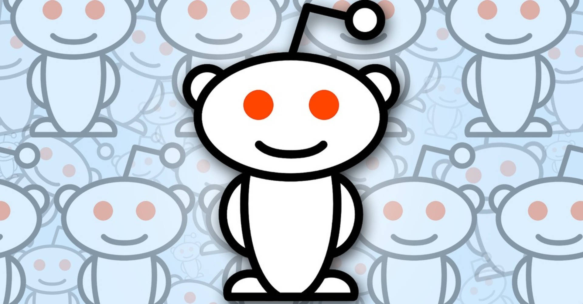 Reddit 圖標美學藝術 壁紙 — 一個快樂的白色外星人吉祥物，有橙色眼睛和天線，在重複的淡藍色自身圖案中脫穎而出。