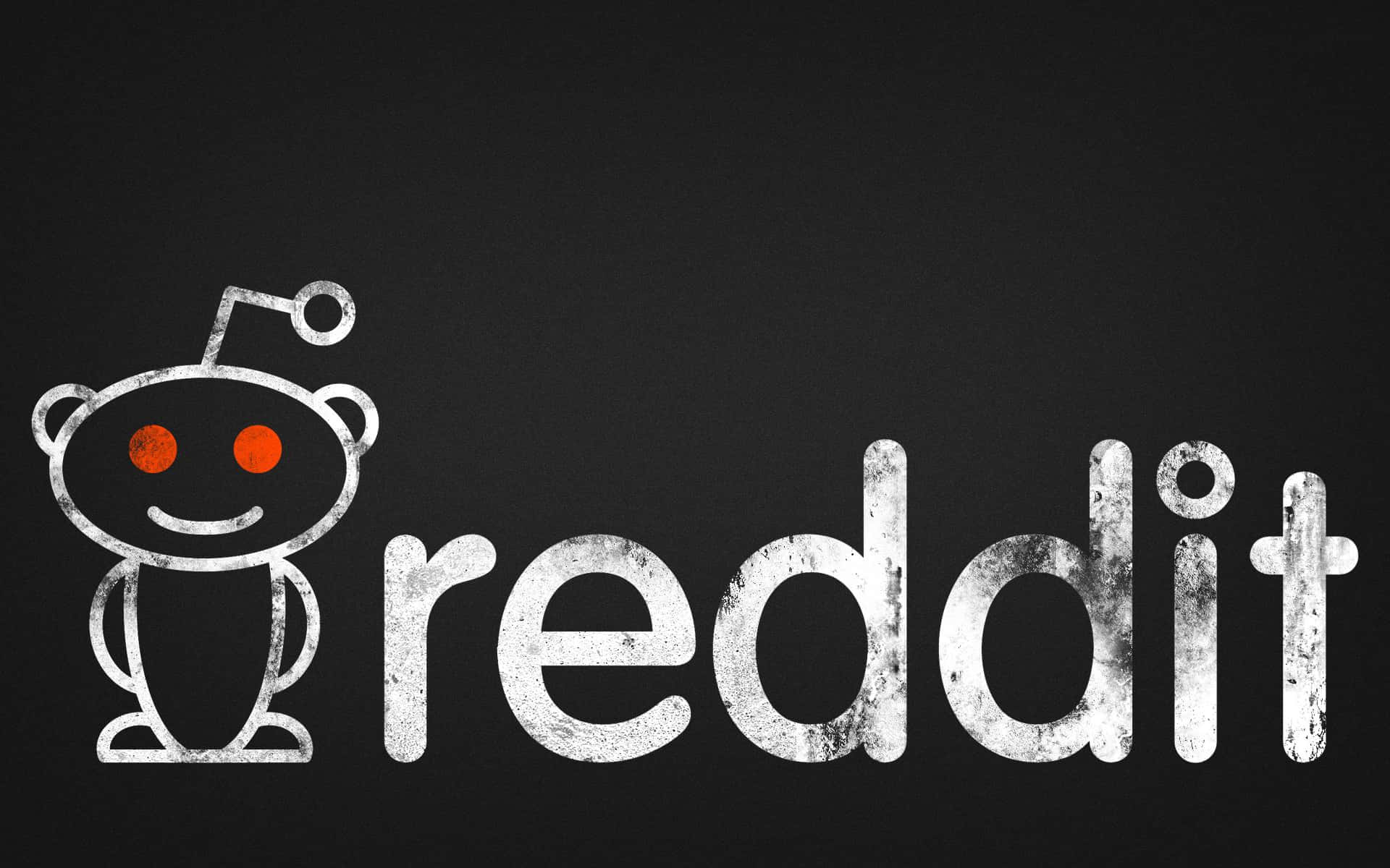 reddit 桌布 壁紙 — Reddit 標誌及其吉祥物外星人，以粉筆白色和橙色繪製在深色紋理背景上。