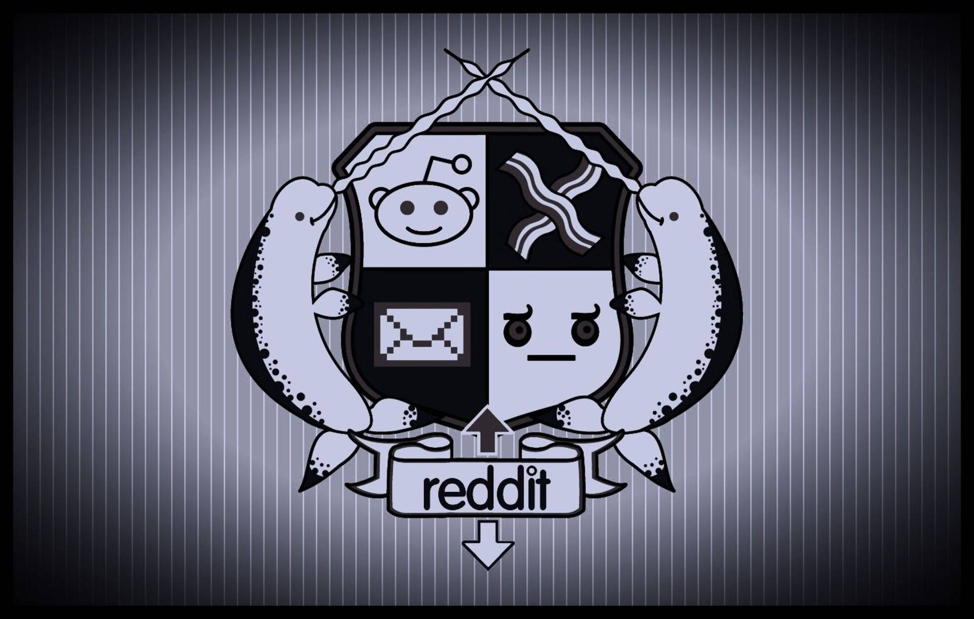 Reddit 標誌，卡通海豹手持一個帶有四個符號的盾牌。
