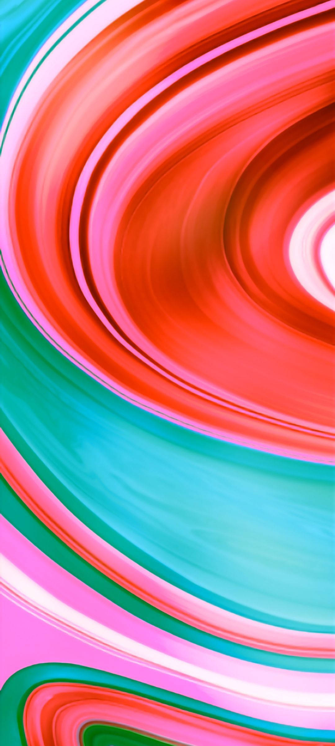 Redmi 9 多彩漩渦 壁紙 — 充滿活力的紅色、粉紅色、藍綠色和白色漩渦帶創造出動態的抽象運動效果。