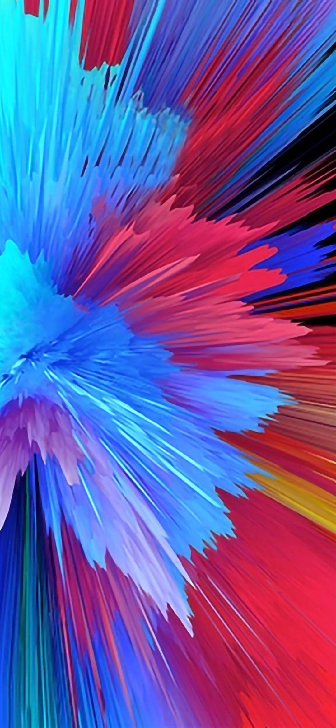 Redmi 9 色彩爆炸線條壁紙 壁紙 — 充滿活力的抽象爆發，電光藍和火紅色的條紋從中心輻射，如同宇宙爆炸。