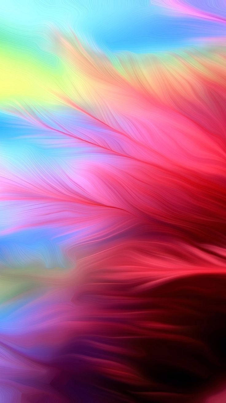 Redmi 9 紅色羽毛彩虹 壁紙 — 充滿活力的抽象數位藝術作品，帶有流動的彩虹色調，類似於畫布上的羽毛運動。