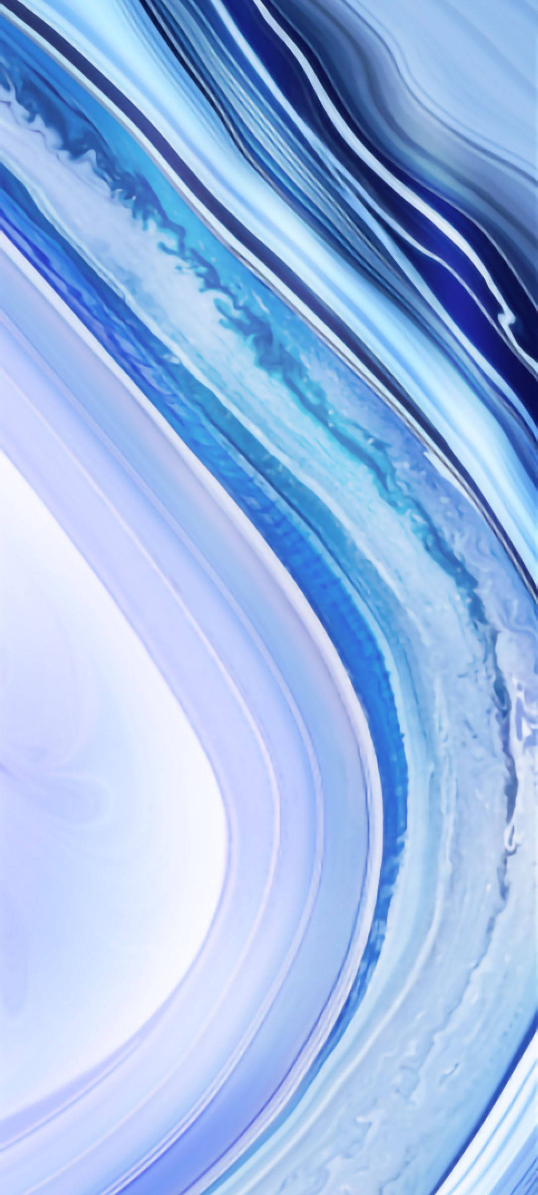 Redmi 9 大理石紋理 壁紙 — 流動的抽象圖案，由層疊的藍色和白色波浪組成，類似拋光瑪瑙，帶有光滑光澤的曲線。