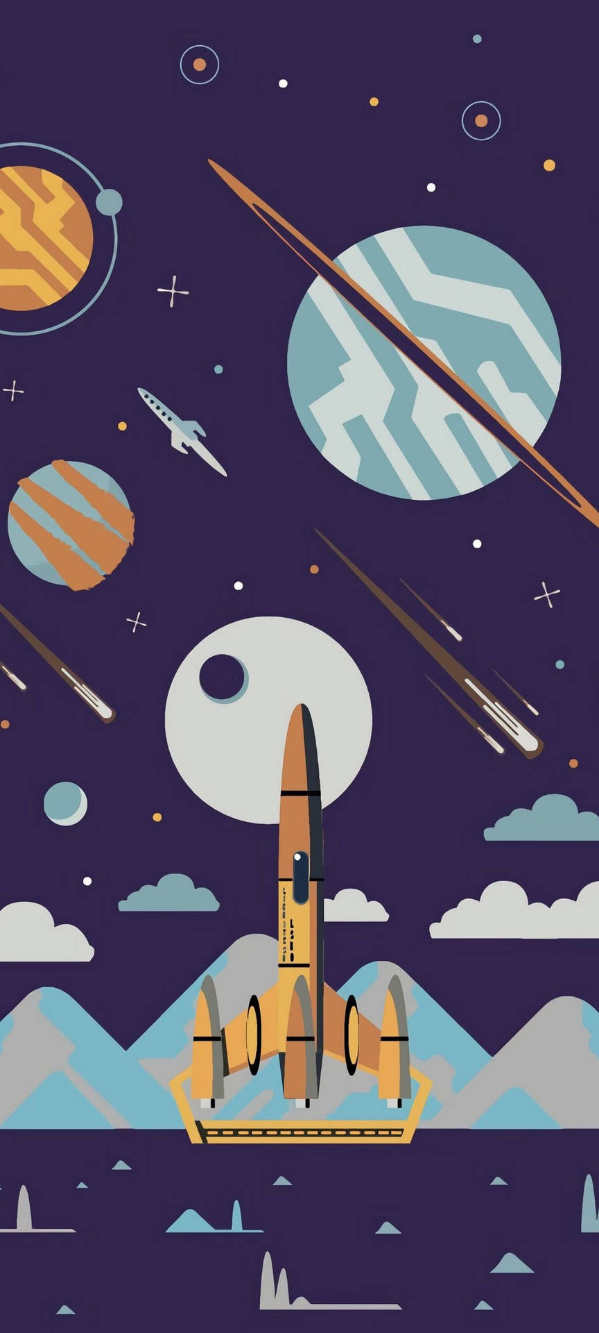 火箭從山脈發射到星空宇宙天空，帶有行星和彗星。