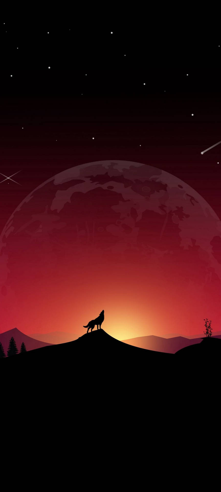 狼在紅月和星空下的山丘上嚎叫。