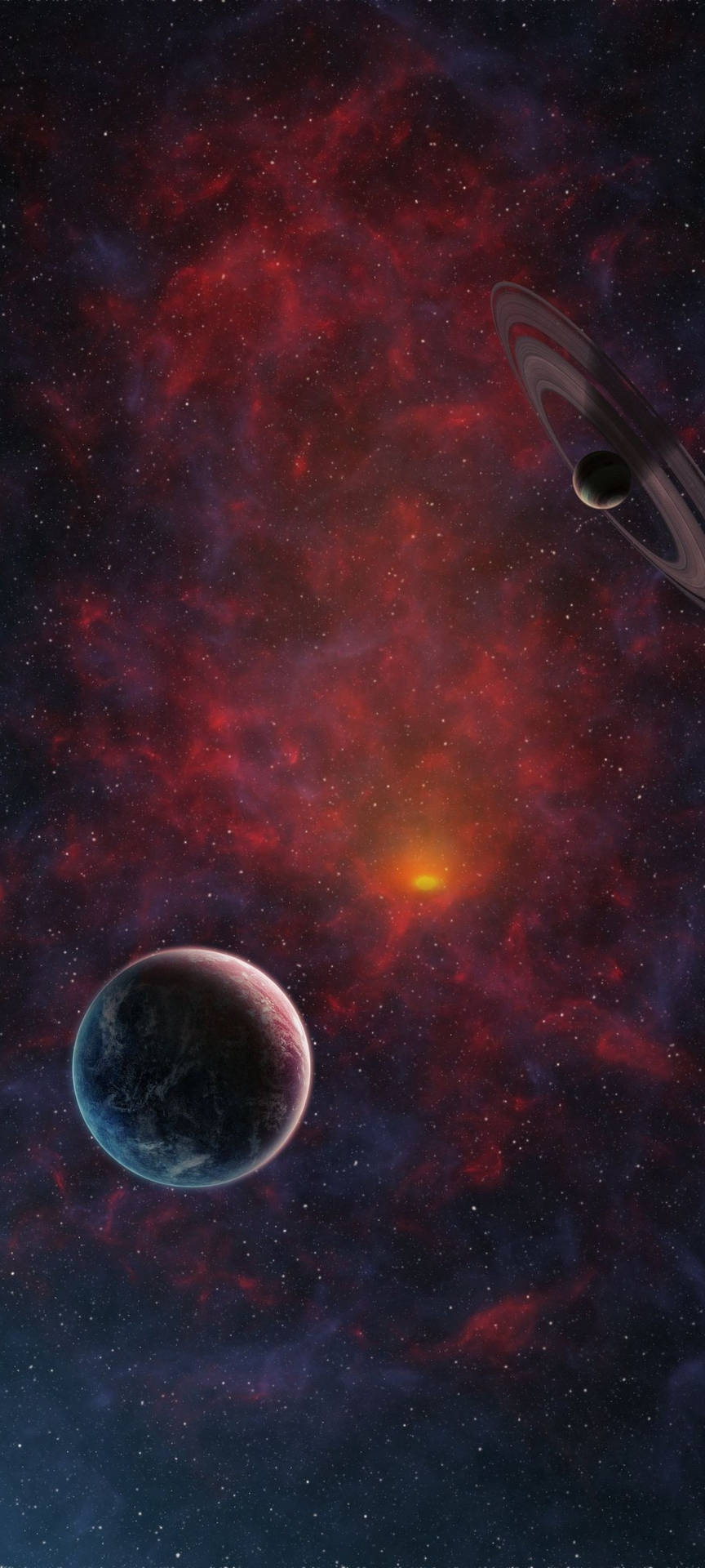 紅色星雲在深空中圍繞行星旋轉，星星閃爍。