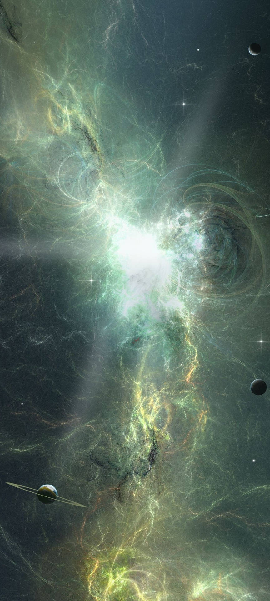 一個發光的宇宙星雲，行星在佈滿星星的虛空中運行。
