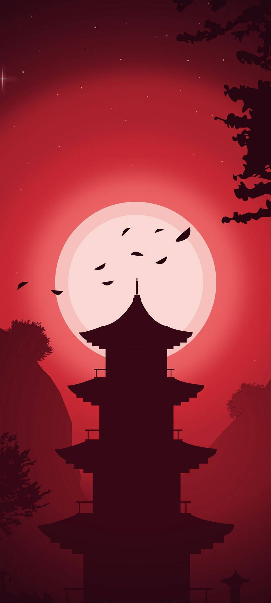 紅月亮下的寶塔剪影，夜間飛鳥