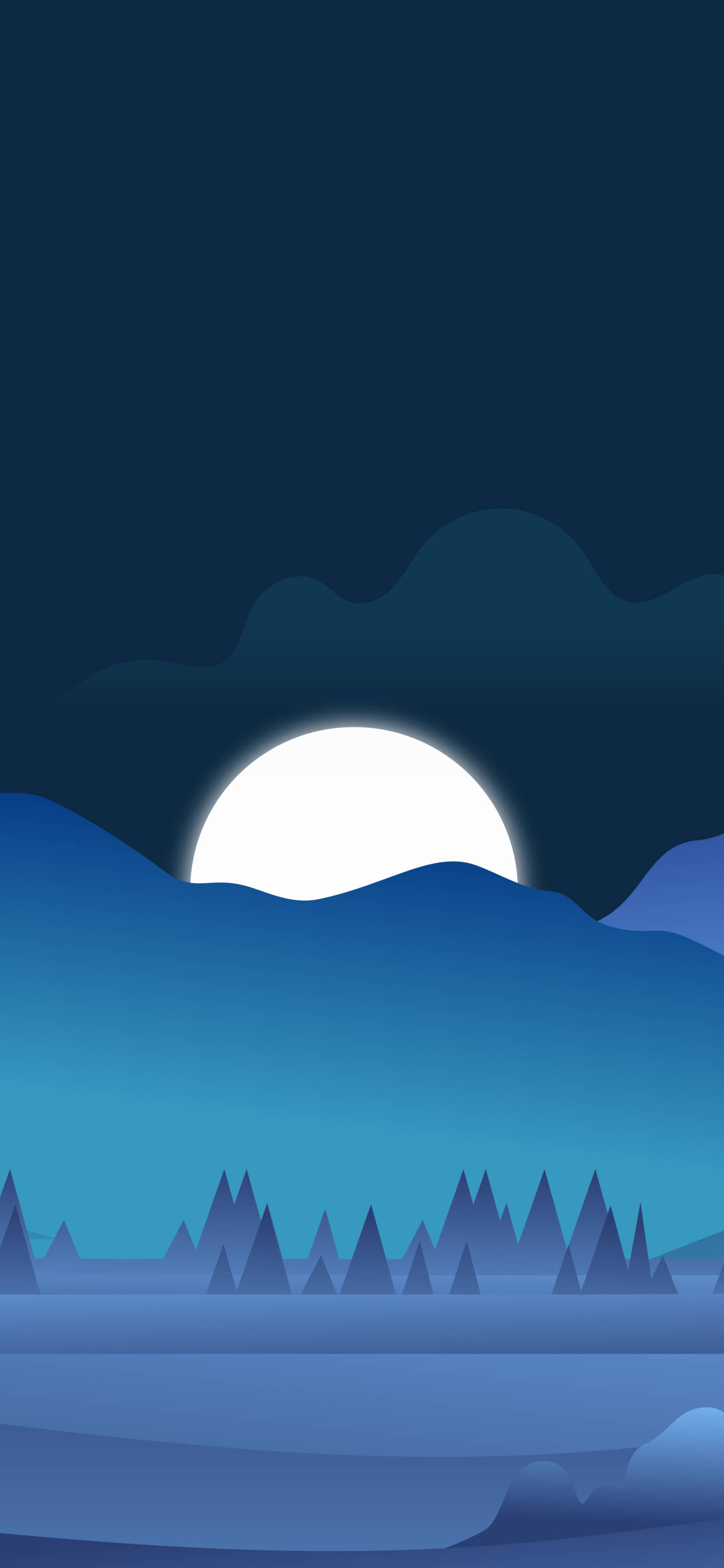 午夜月色為小米Redmi Note 9 壁紙 — 在深藍色天空下，一輪明亮的滿月從風格化的山脈和松樹後升起的極簡夜景。