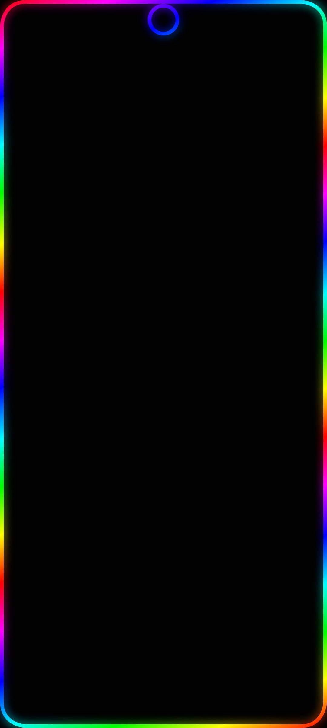 霓虹彩虹 Redmi Note 9 挖孔設計 壁紙 — 一部黑色屏幕、邊緣帶有鮮豔彩虹LED光邊的智能手機。