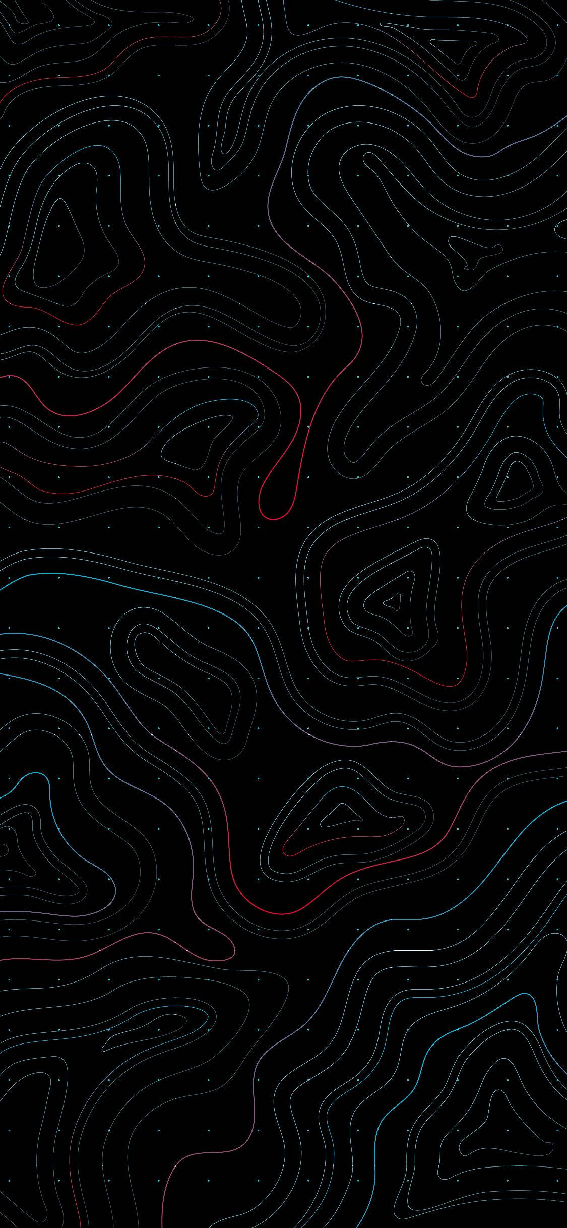 隨機幾何圖形壁紙，適用於小米Redmi Note 9 壁紙 — 在星空黑色背景上，發光的紅色和藍色抽象地形線條。