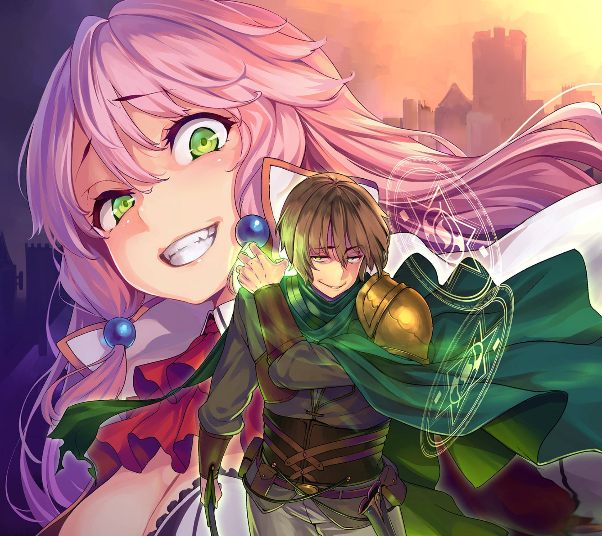 《Redo of Healer》凱亞魯與艾倫 壁紙 — 一位開心的粉紅色頭髮、綠色眼睛的動漫女孩，在閃耀的夕陽城市景觀中，頑皮地擁抱著一個微笑的盔甲男孩。