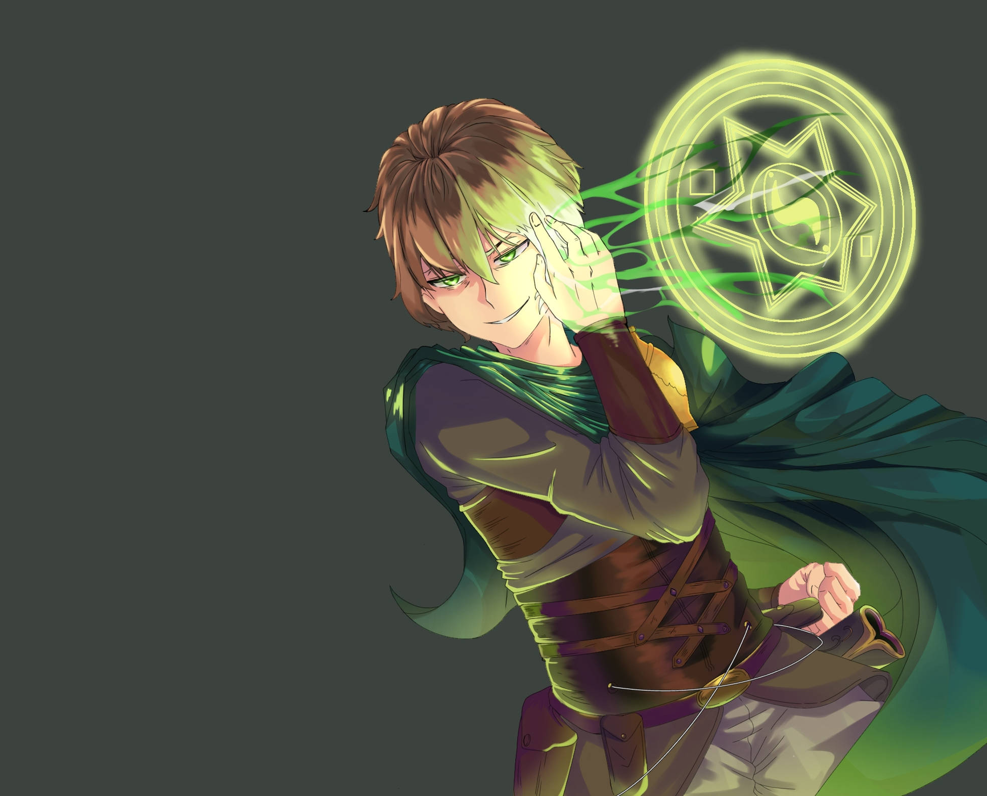 《Redo of Healer》凱亞魯 壁紙 — 擁有綠色眼睛和斗篷的動漫角色，將發光的綠色魔法引導到一個圓形符印中。