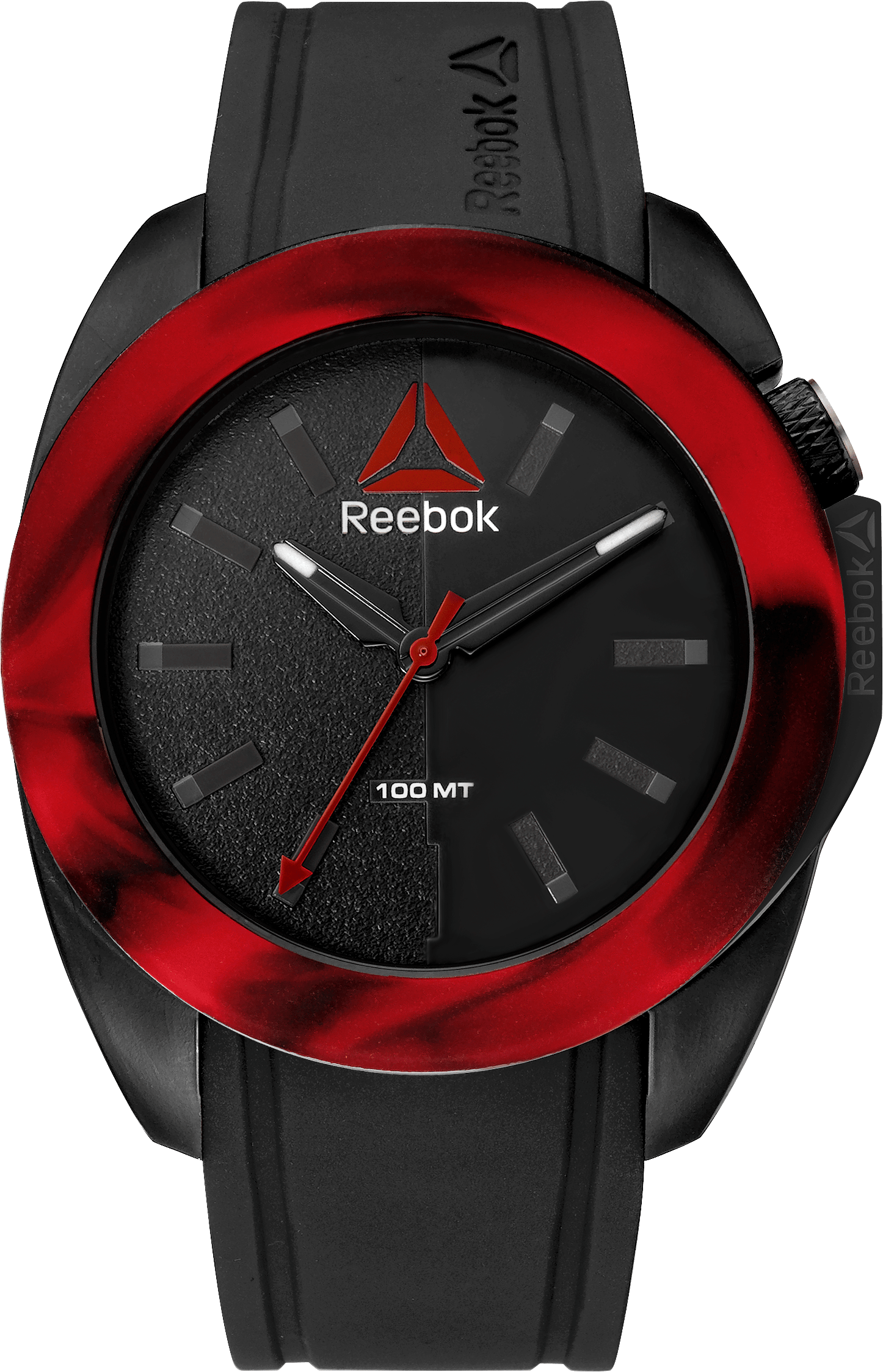 Reebok黑紅配色指針式手錶 壁紙 — Reebok運動手錶特寫，黑色錶盤、紅色點綴環和黑色橡膠錶帶，背景為純綠色。