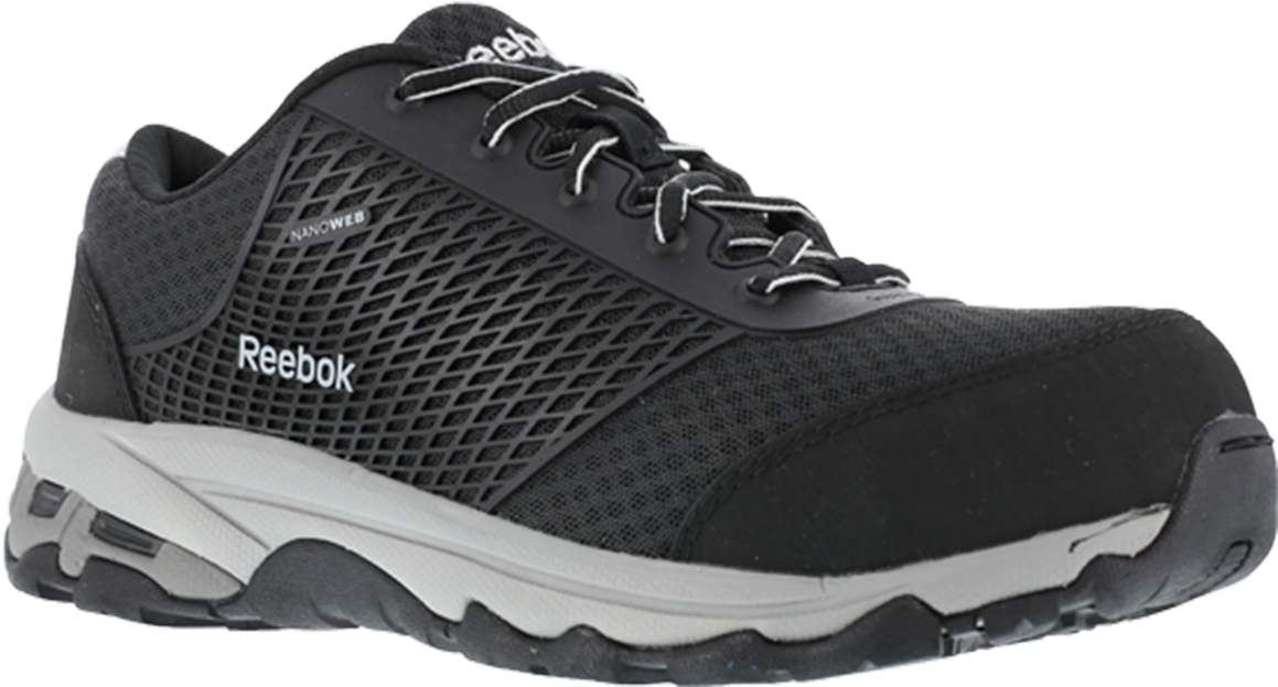 Reebok黑色跑步鞋 壁紙 — 時尚黑色 Reebok 工作鞋，採用網眼鞋面及白色中底，在工作室燈光下展示。