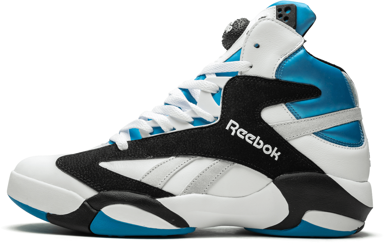 Reebok經典藍白運動鞋 壁紙 — 白色、黑色和鮮藍色高筒Reebok籃球鞋，帶有銀色點綴和紋理鞋頭。