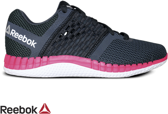 Reebok 黑粉女士跑步鞋 壁紙 — 時尚的Reebok健身鞋，深色網眼鞋面，充滿活力的粉紅色中底和白色外底，在黑色背景上隔離。