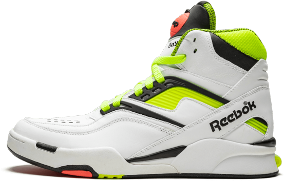 Reebok高筒運動鞋配霓虹綠細節 壁紙 — 一雙白色高筒Reebok運動鞋，帶有螢光綠色和黑色點綴，襯托在純黑色背景上。