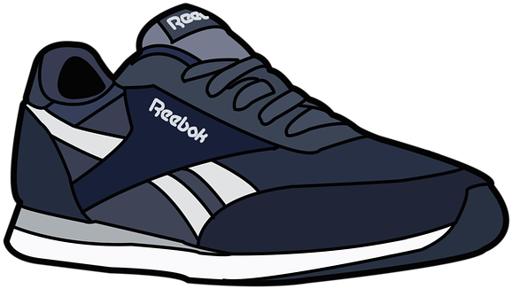 Reebok Classic運動鞋插畫 壁紙 — 一雙風格化的深藍色 Reebok 運動鞋，帶有白色條紋和鞋帶，在黑色背景上孤立。
