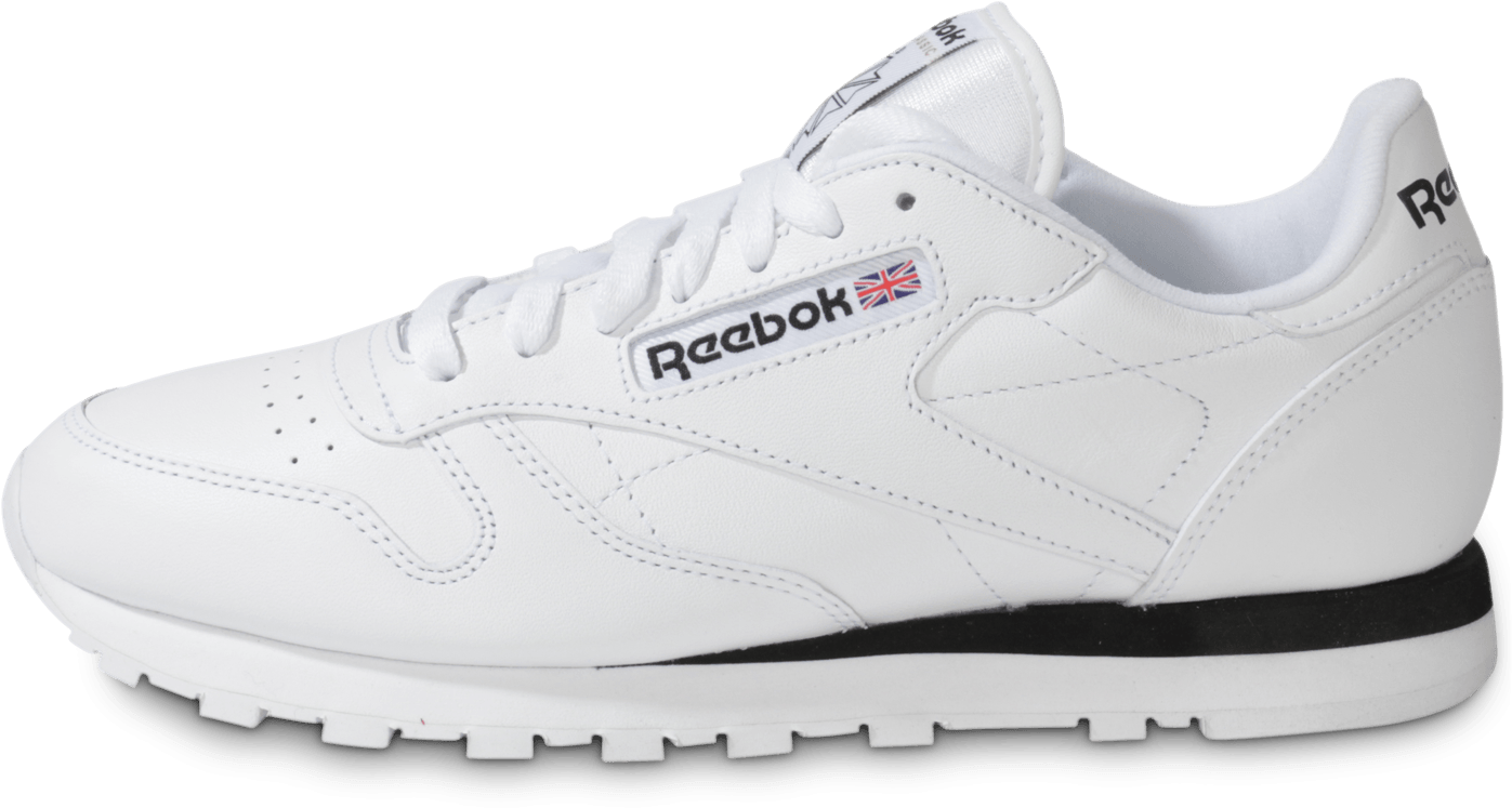 Reebok Classic 白色運動鞋 壁紙 — 在攝影棚燈光下展示的純白色 Reebok Classic 運動鞋，帶有黑色條紋和英國國旗細節。